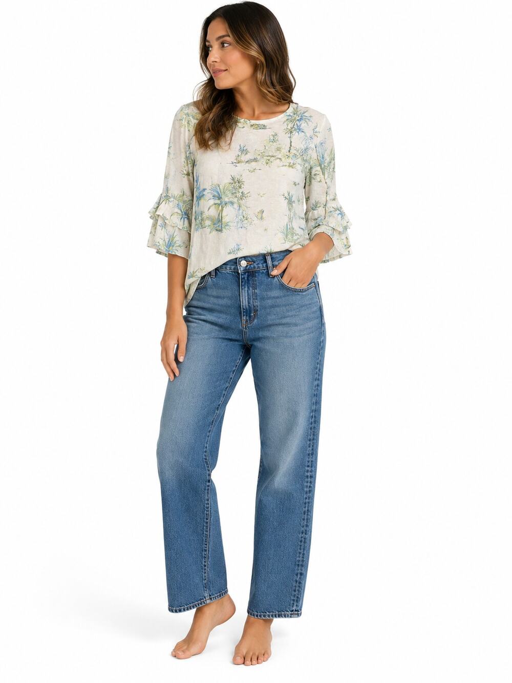 LR4213 J Jill Small Tropical Palm Print Top White Blue Green Ruffle Sleeve Linen
